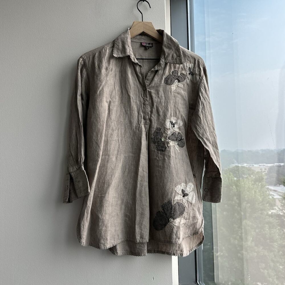 Inde Beige 100% Linen Collared Button-Up Floral Embroidered 3/4 Sz 10